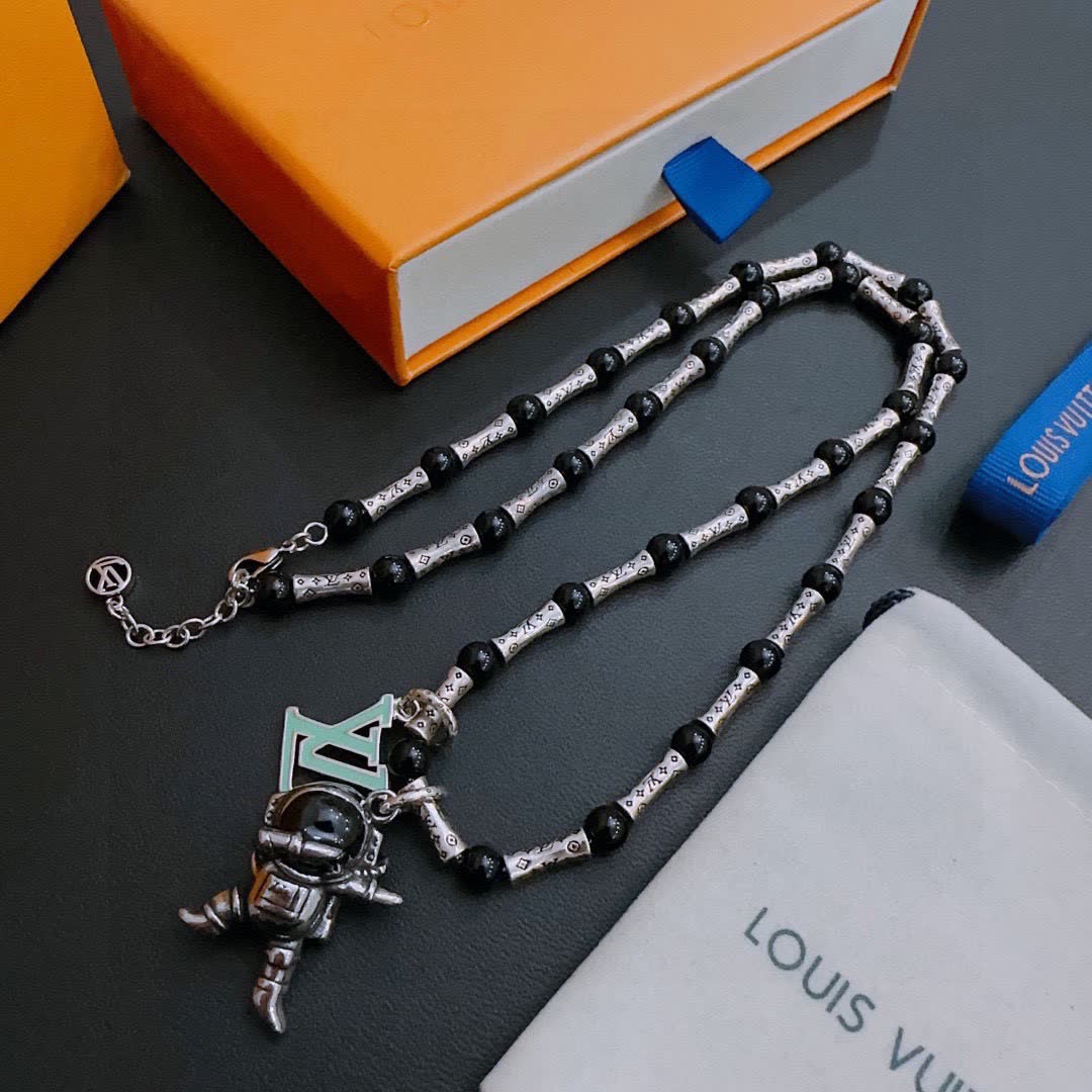 Louis Vuitton Silver and Black Beaded Necklace with Astronaut Charm